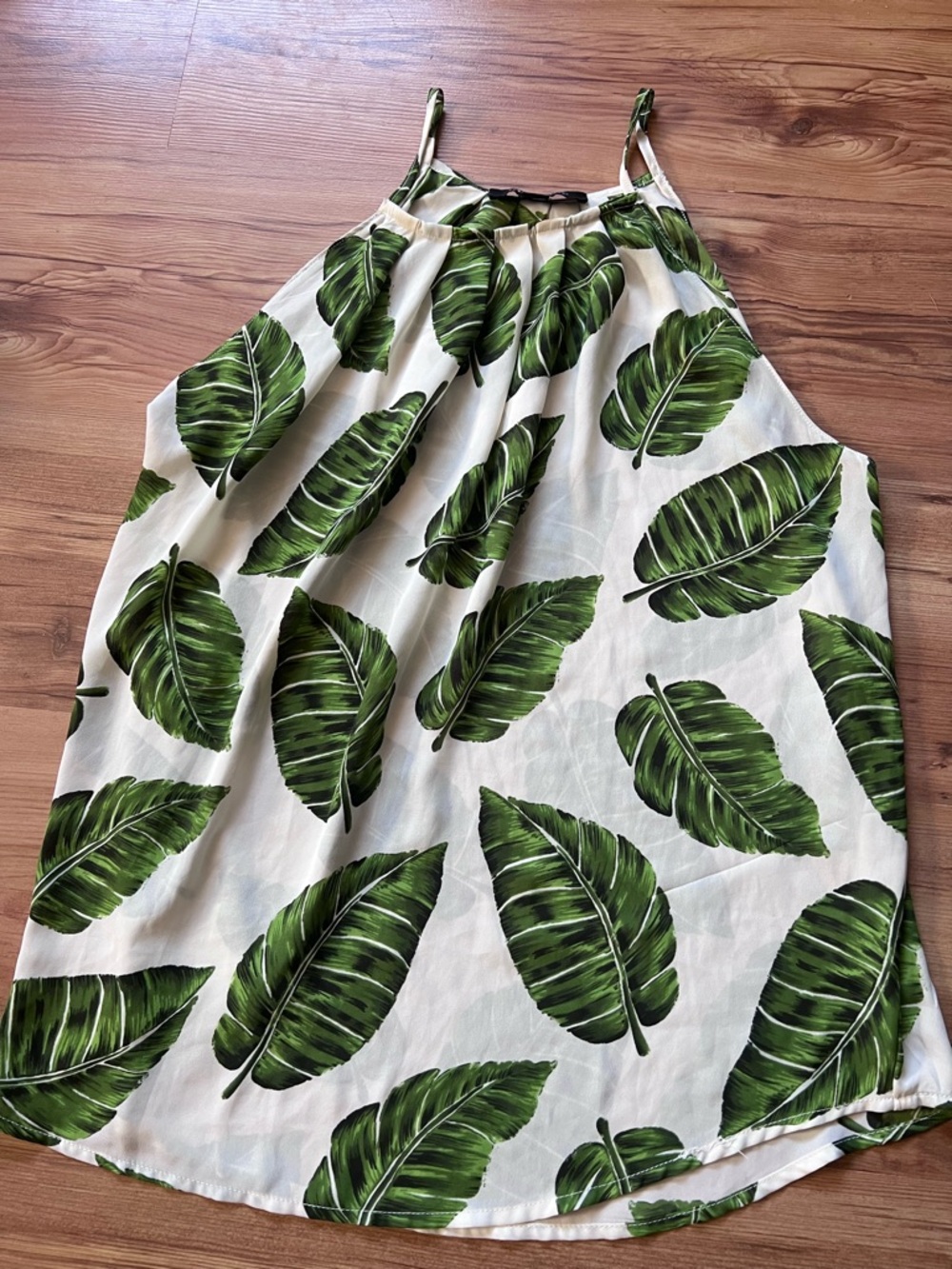 Alice Blue White Halter with Green Tropical Leaf Pattern